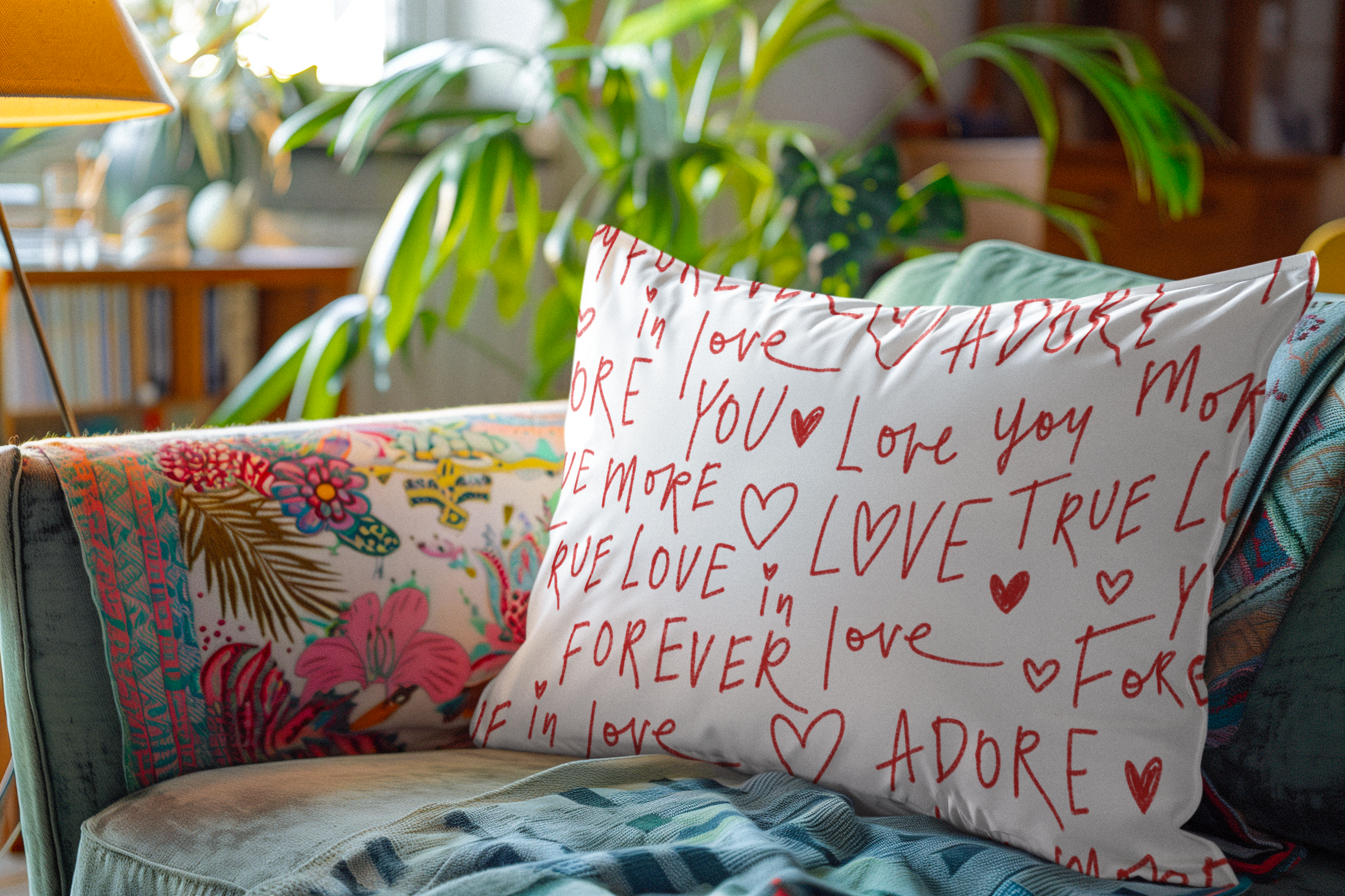 Decorative pillow with romantic text on a colorful couch with plants in the background
