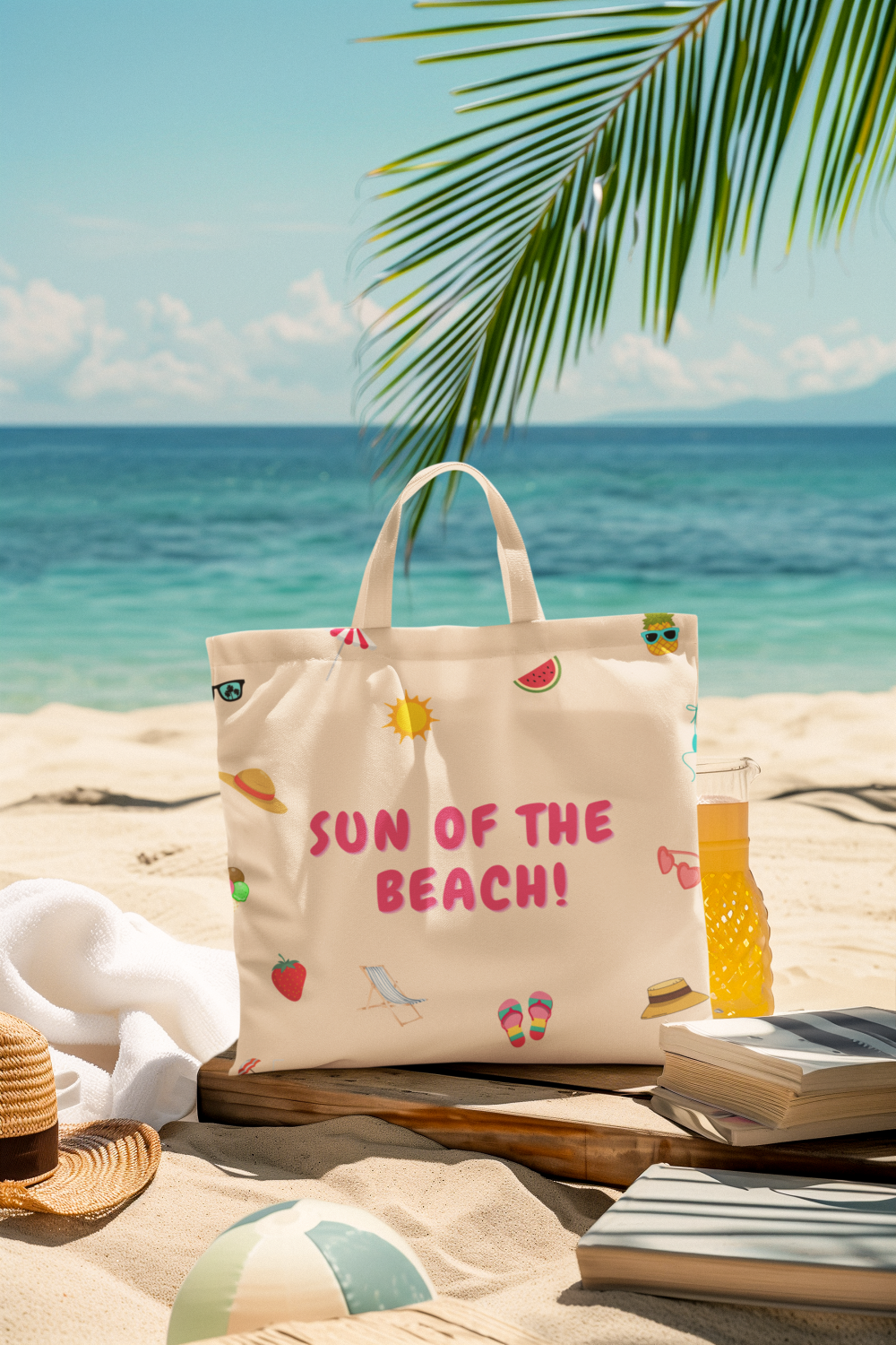 Beach bag with 'Sun of the Beach!' text on a beach setting with ocean and palm leaves.