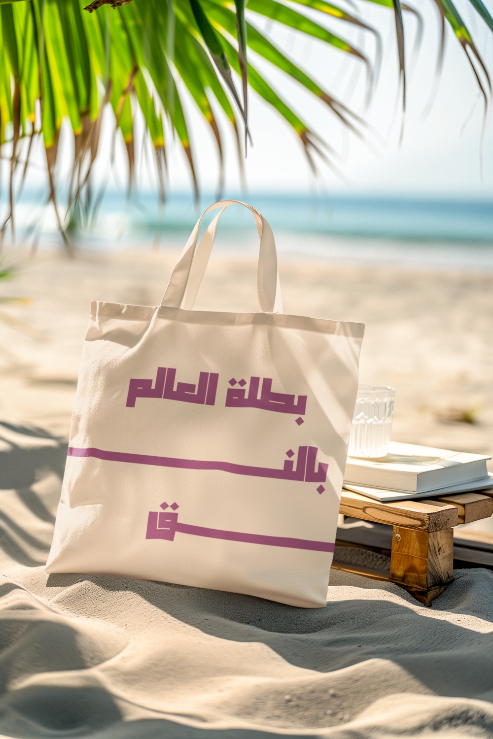 Beige tote bag with Arabic text on a sandy beach with palm leaves and ocean in the background