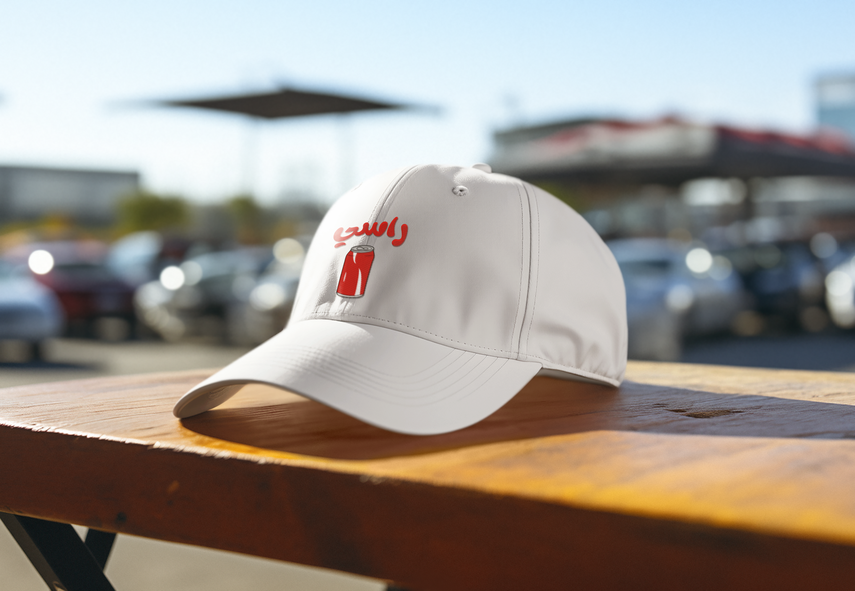 White cap with red logo on a wooden table outdoors