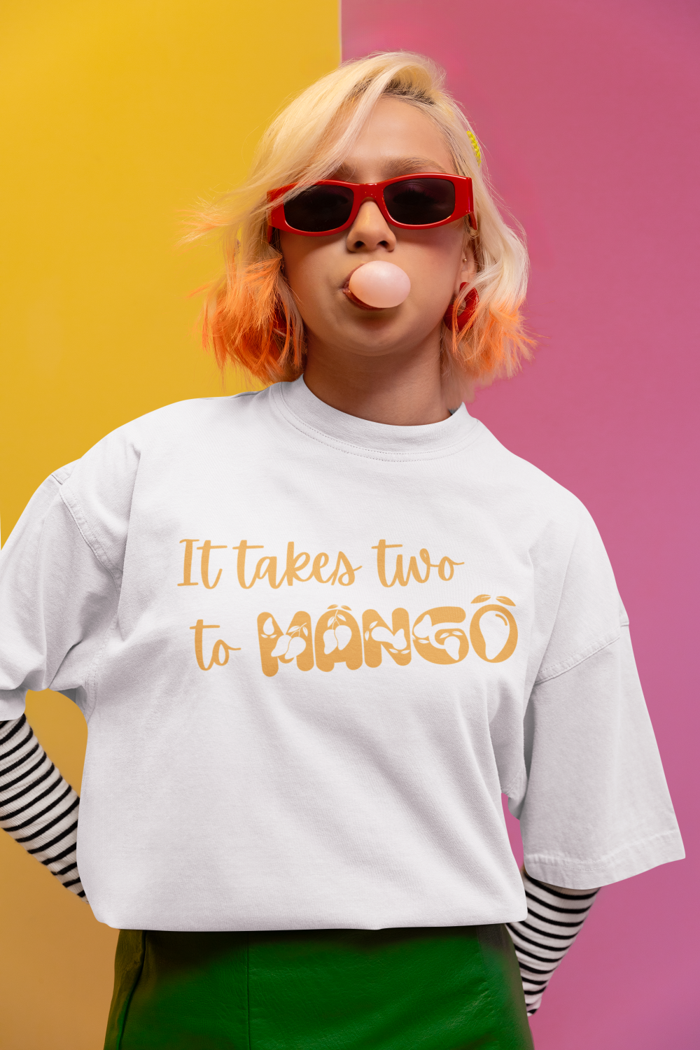 Tee shirt with a woman making a bubble gum in a new pop wave inspired setting