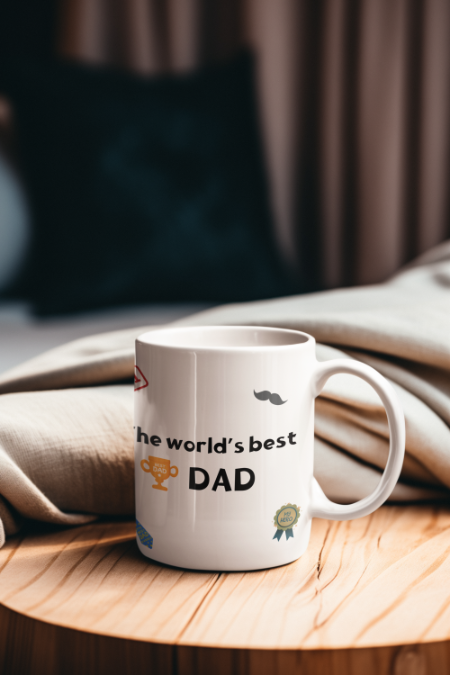 White mug with 'he world's best DAD' text on a wooden surface with a blurred background