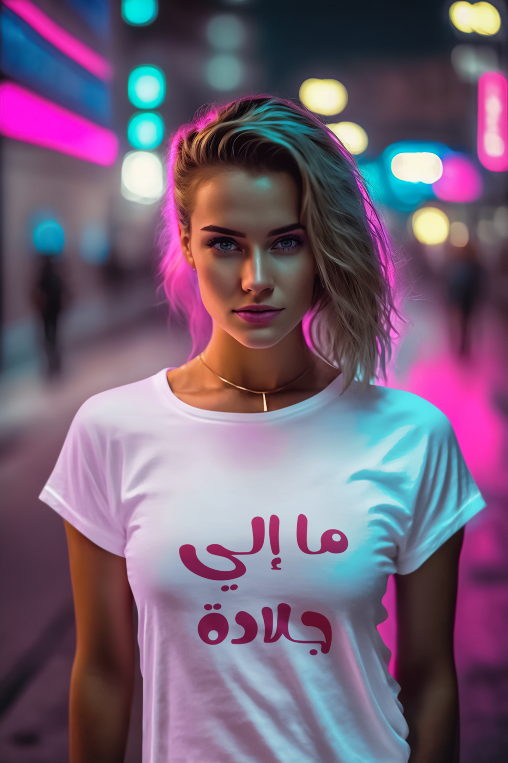 Woman wearing a white t-shirt with Arabic text in a neon-lit city street