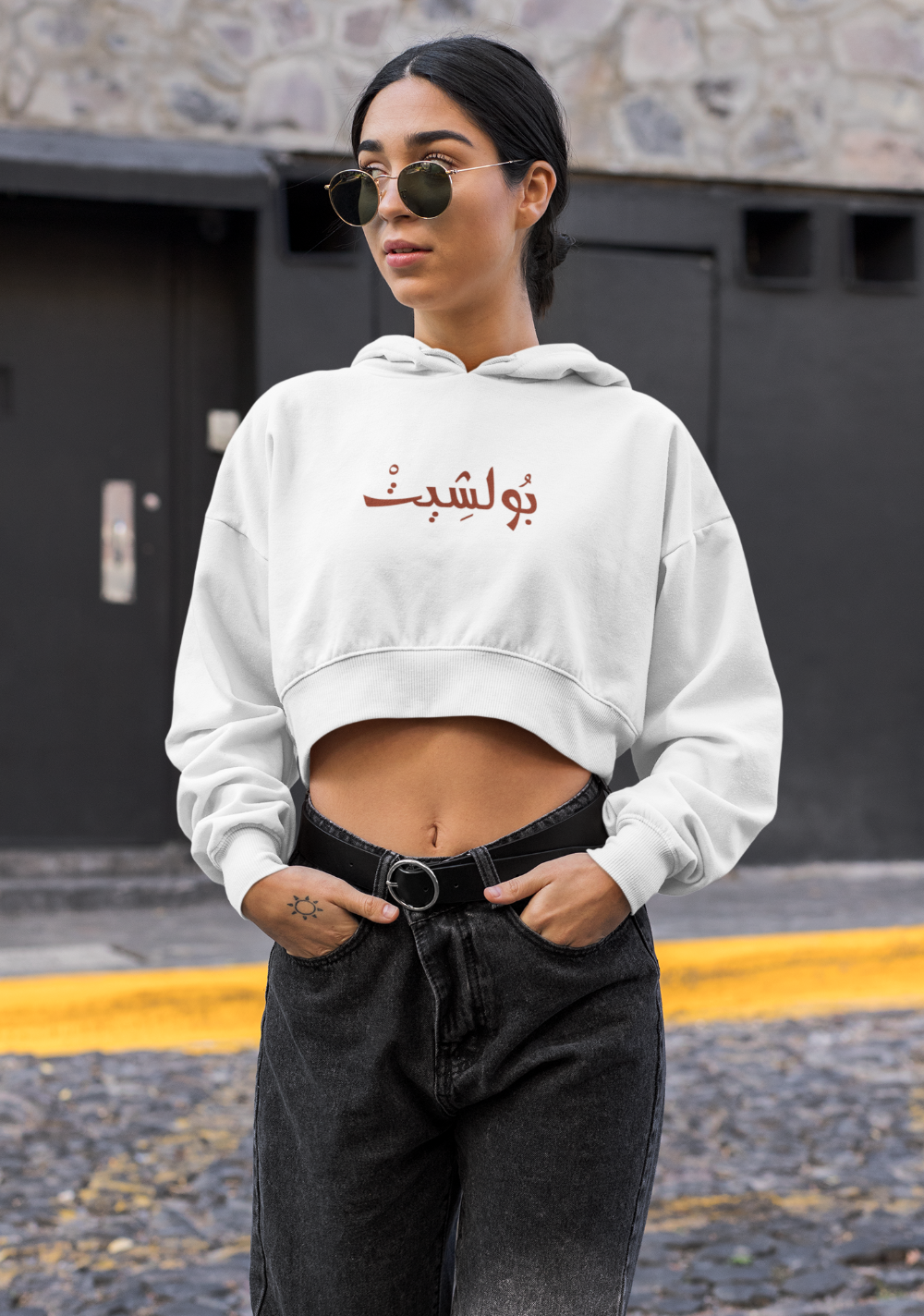 crop top hoodie with a woman wearing athleisure