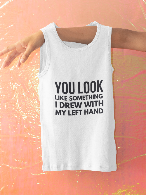White tank top with text on a colorful background